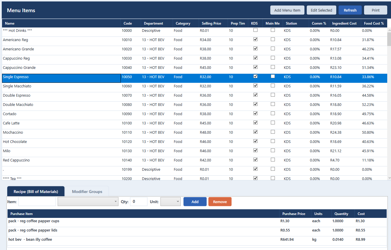 Keystone POS Menu Costing